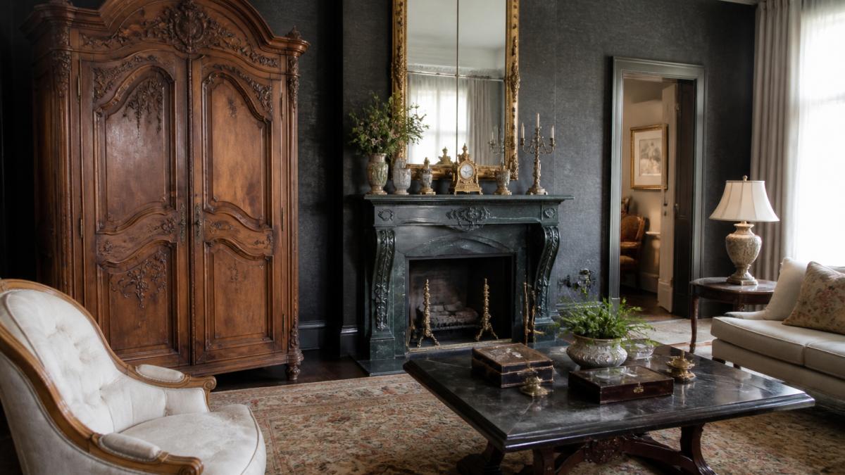 Luxurious living room with a monumental carved walnut armoire positioned against a feature wall, paired with an ornate fireplace mantle featuring verde marble inset, demonstrating how statement antique furniture anchors an elegant interior