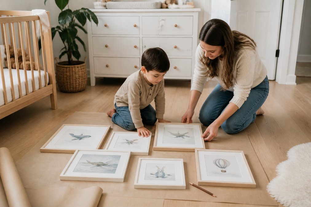 Parent and child arranging curated art prints on a nursery floor to plan a gallery wall layout before hanging.