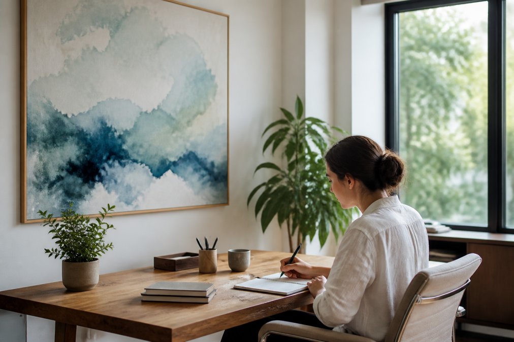 Serene home office workspace with soft watercolor abstract art in cool blues and greens on the wall, natural light streaming from a window, minimalist desk setup with a person focused on work, plants beside the desk