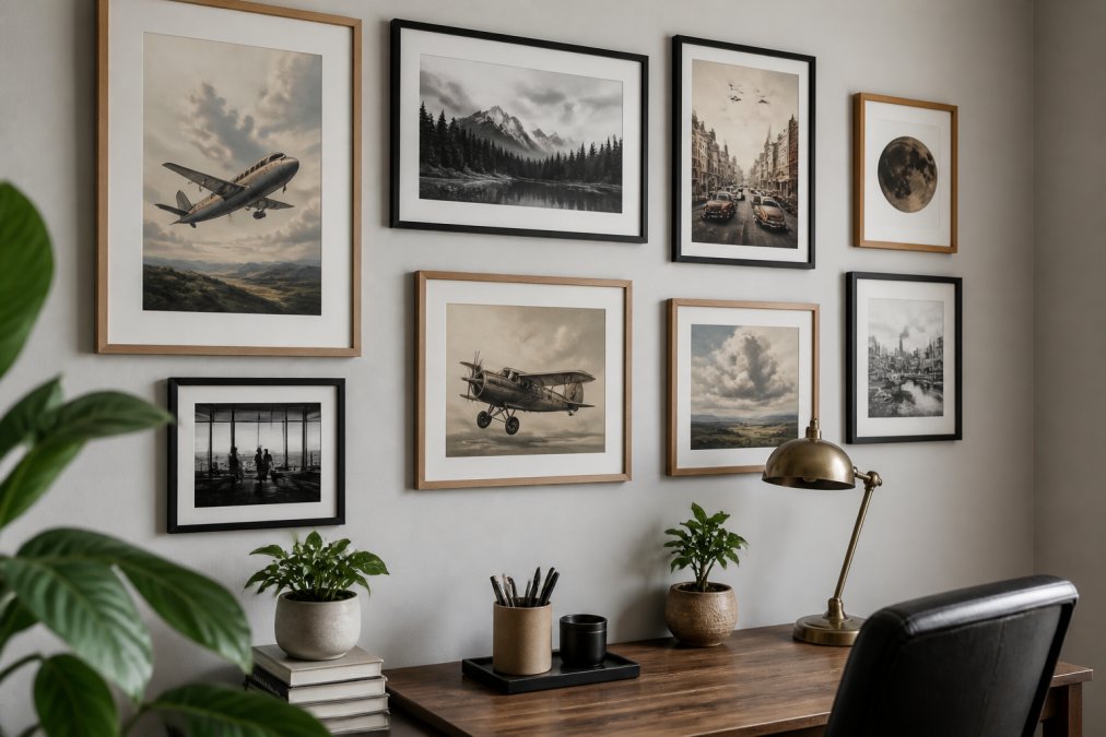 Close-up of a thoughtfully curated gallery wall arrangement with multiple framed prints in natural wood and matte black frames, showing varied sizes and spacing, hung above a home office desk with plants and desk accessories visible