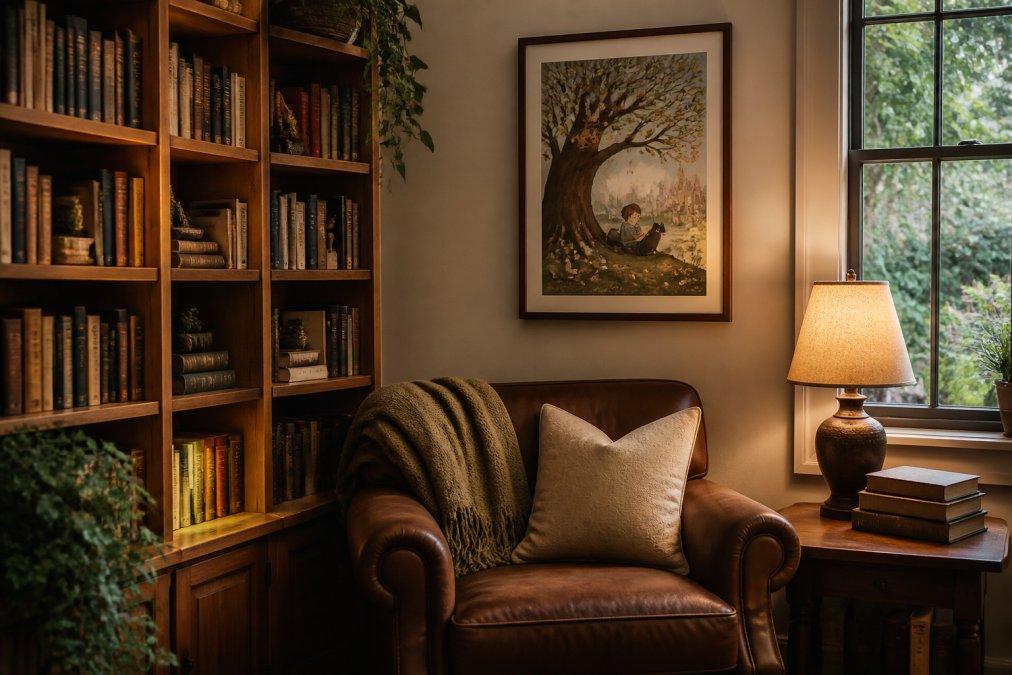 A cozy reading nook with a deep armchair, a small side table holding a stack of hardcover books and a warm lamp, and a framed whimsical storybook art print hanging on the wall above the chair, soft evening light