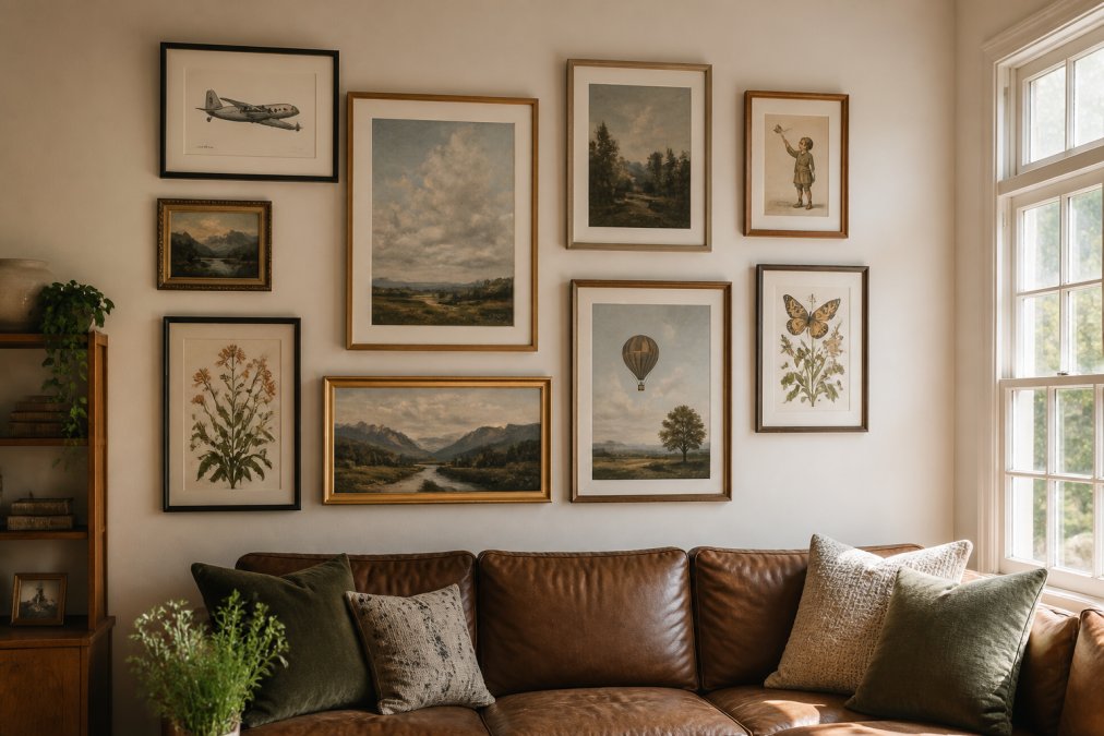 Living room wall displaying a gallery arrangement of framed art prints in various sizes and styles, showing how different pieces work together in a cohesive interior design with warm neutral tones and natural light