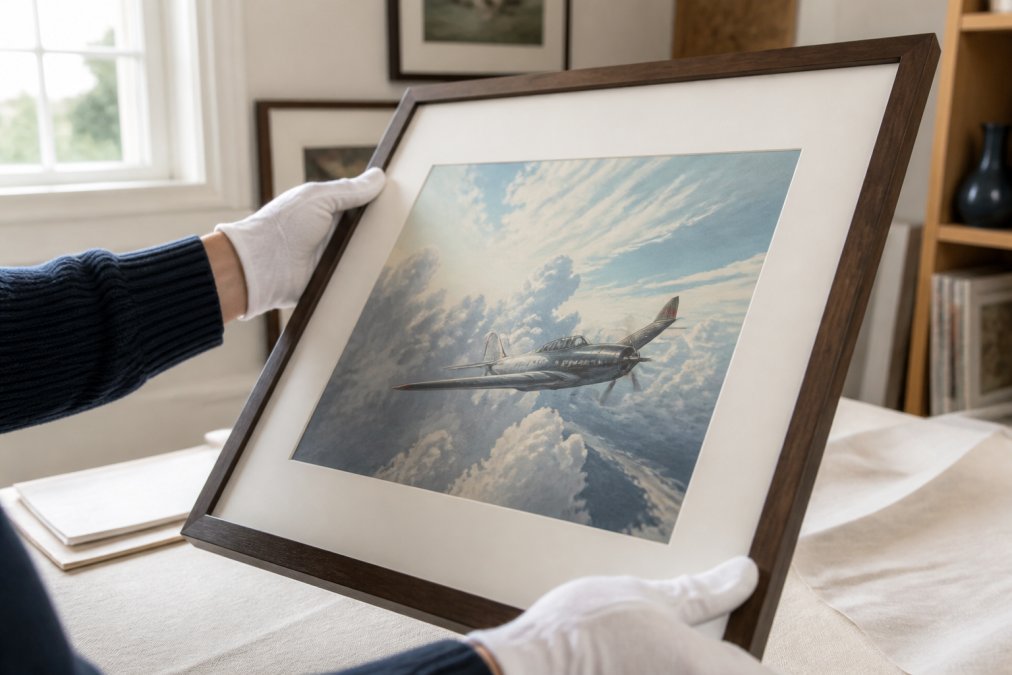 Close-up of hands carefully handling a framed art print with white cotton gloves, demonstrating proper care technique in a well-lit room with natural light