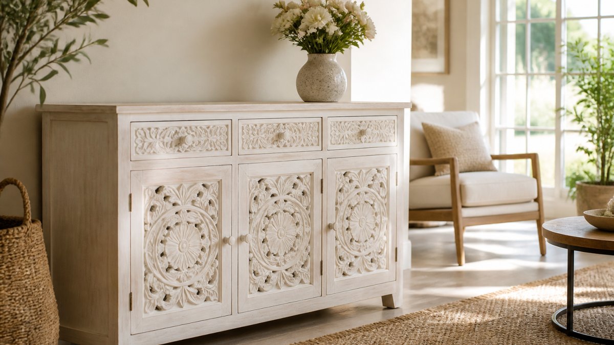 A bright, sunlit living room featuring a hand-carved white sideboard cabinet with floral detailing. A ceramic vase with fresh flowers sits on top. A woven jute rug and a modern armchair are visible in the background.