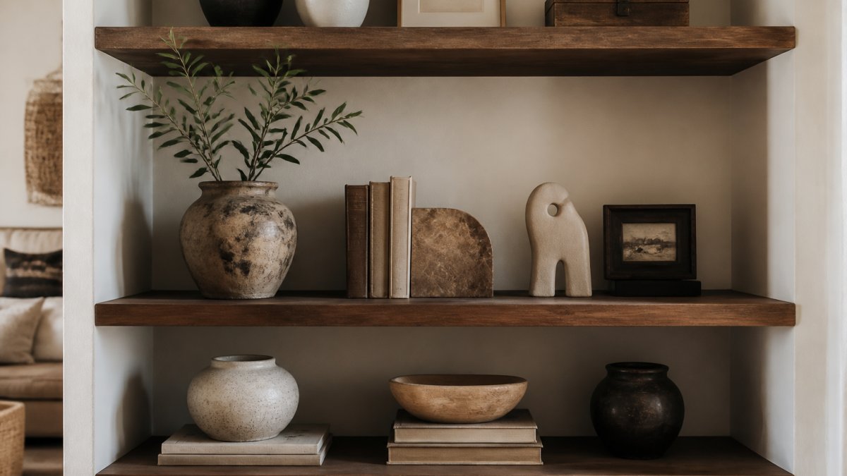Artisan vases, vintage books, and sculptural objects styled on a living room shelf with balanced spacing.