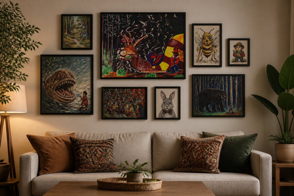 A well-composed gallery wall on a living room wall featuring multiple framed character posters in various sizes arranged in a balanced layout, with warm lighting highlighting the artwork and surrounding decor