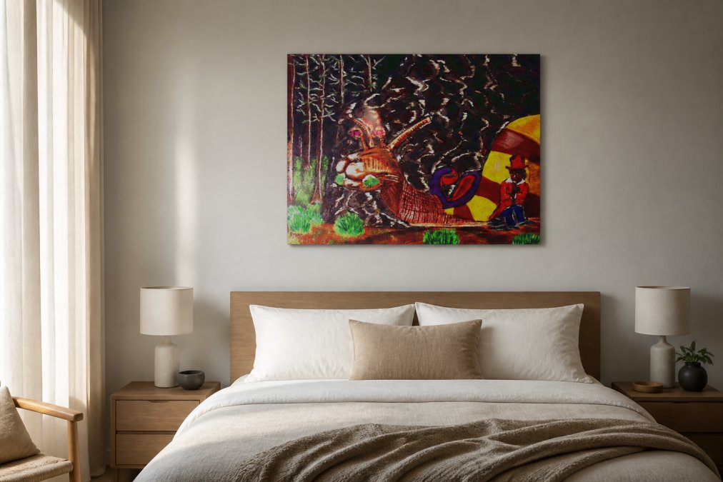 A minimalist bedroom with a single large character poster above the bed, showing how whimsical art integrates seamlessly with contemporary furniture and neutral wall tones