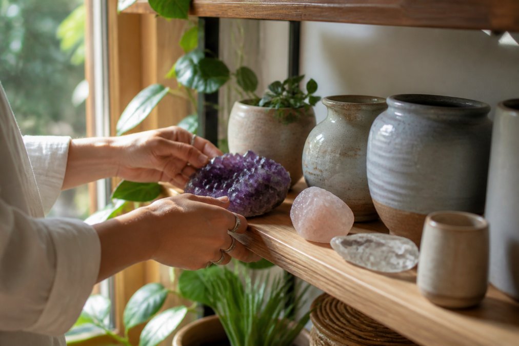 Close-up of hands arranging natural crystals and handcrafted ceramic pieces on a wooden shelf with warm natural lighting streaming through a window