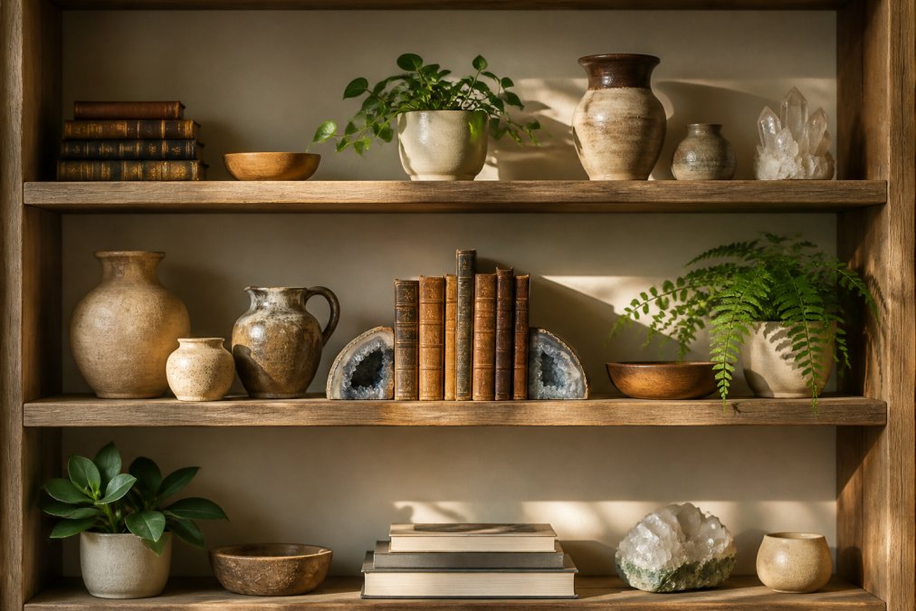 Thoughtfully styled living room shelf displaying handmade ceramic vessels, vintage leather-bound books, natural crystals, and a small potted plant arranged with intentional spacing and visual balance, warm afternoon sunlight creating shadows