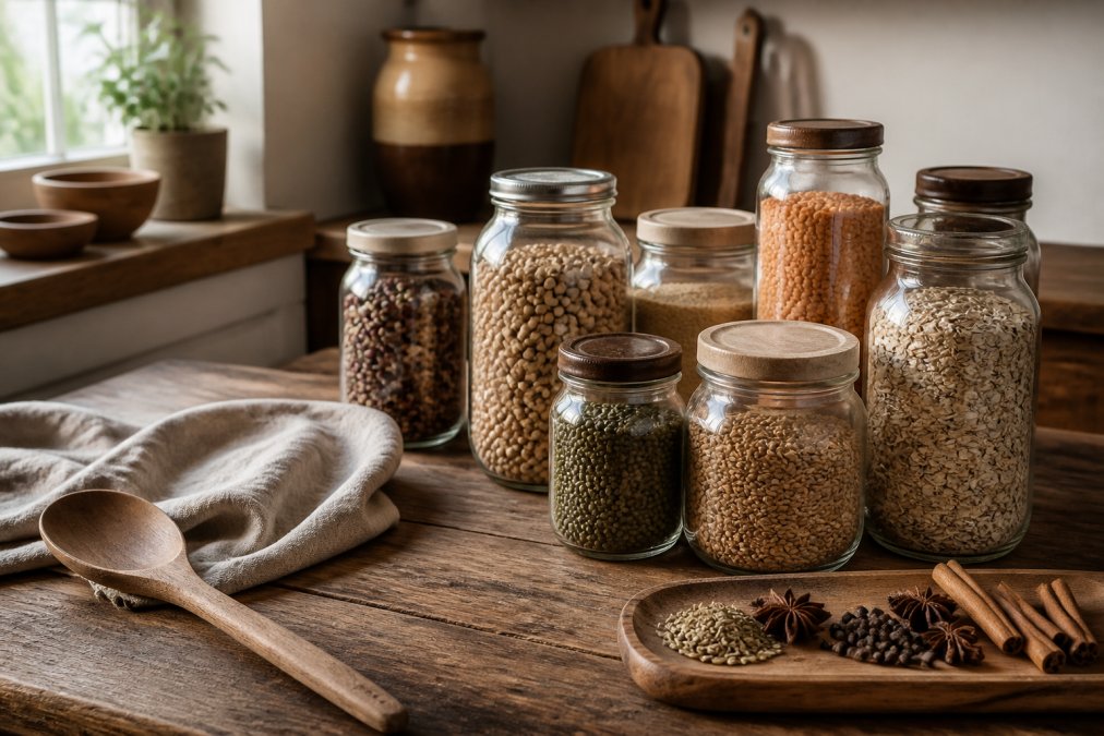 Glass jars of curated dry goods arranged with a wooden spoon and linen on a rustic kitchen counter