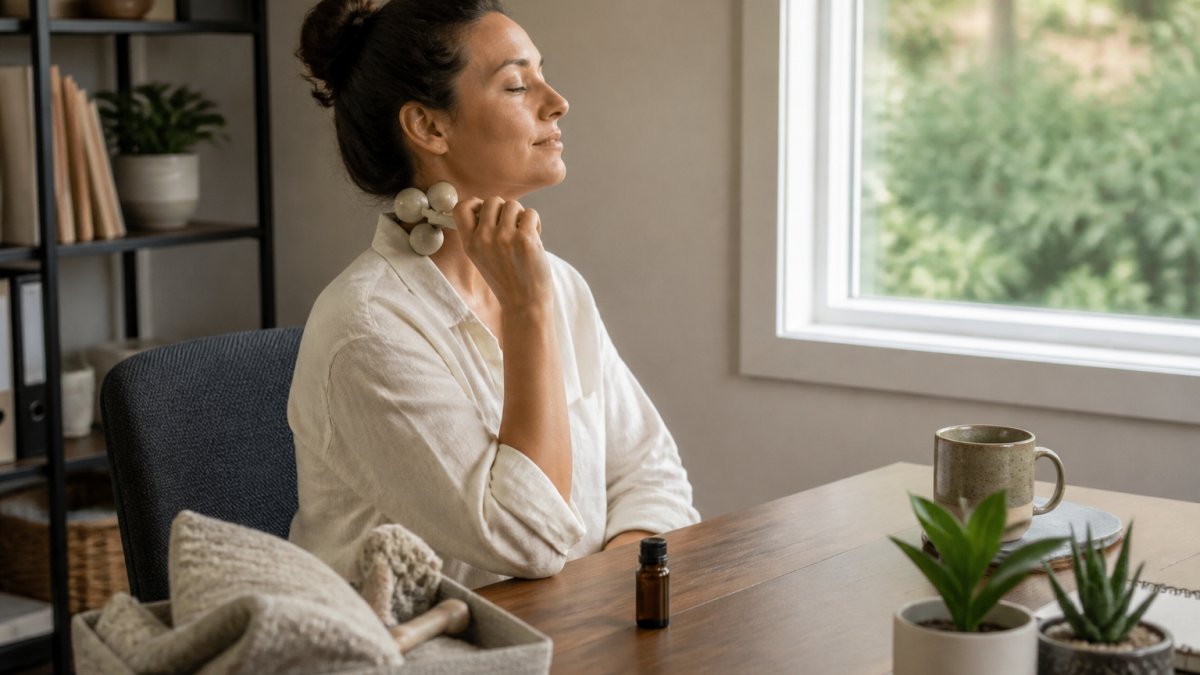 Parent relaxing at a home desk using a neck massager with peppermint oil nearby