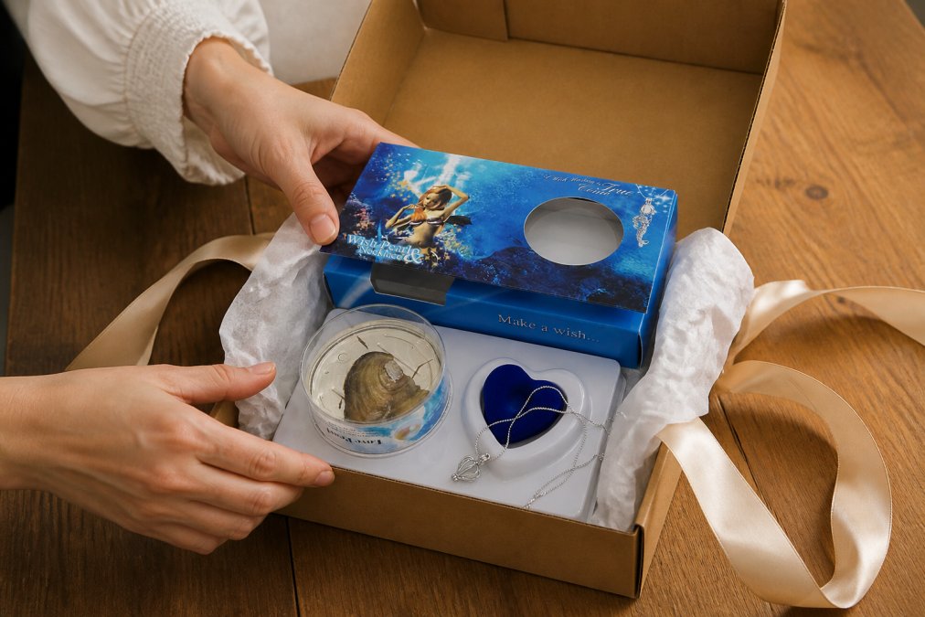 Hands arranging artisanal gift items into an open kraft paper gift box on a wooden table, with tissue paper, a small necklace box, and ribbon nearby