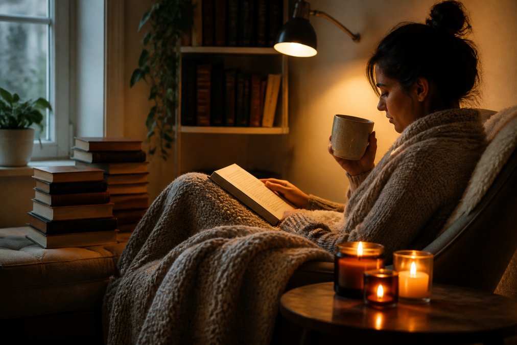 Person sitting in a cozy reading nook holding a warm ceramic mug while reading a book, surrounded by soft blankets, a glowing reading light, stacked books, and literary-themed decor with soft warm lighting from nearby candles