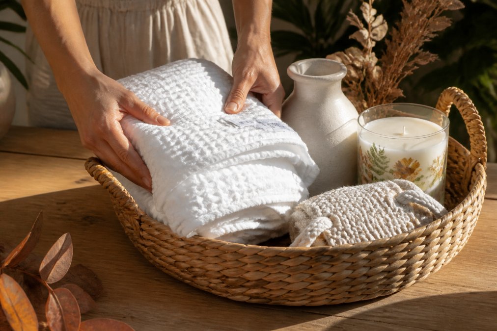 Hands carefully arranging soft towels, a handmade porcelain vase, a botanical candle, and decorative items into a woven basket on a wooden table with natural afternoon light