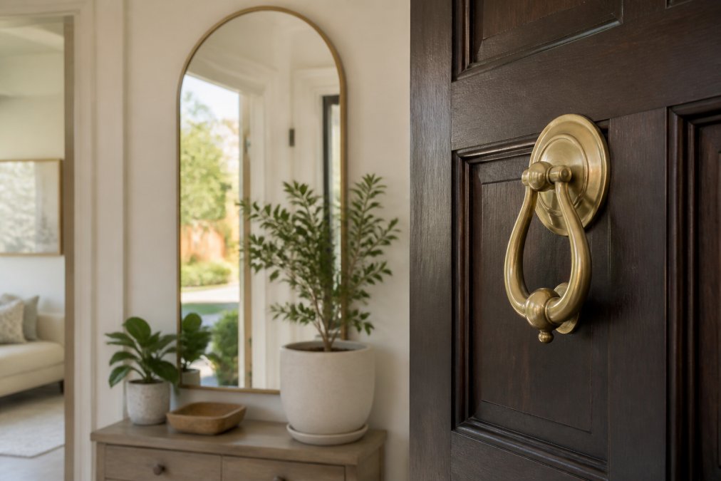 A beautifully styled home entryway featuring a brass door knocker on a dark wooden door, with a decorative mirror reflecting natural light, potted plants on either side, and a welcoming aesthetic that sets the tone for the entire home
