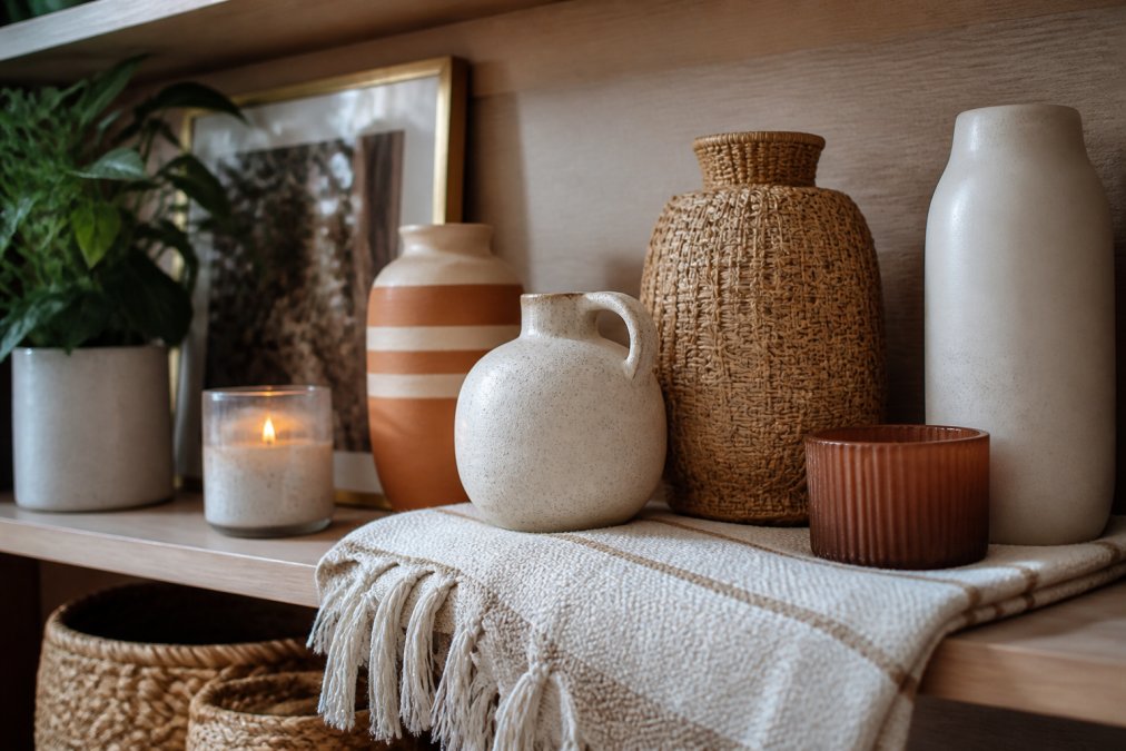 A close-up view of carefully arranged home décor items on a styled shelf, featuring handcrafted vases with natural textures, elegant candles, and quality textiles, demonstrating thoughtful curation and artisan craftsmanship