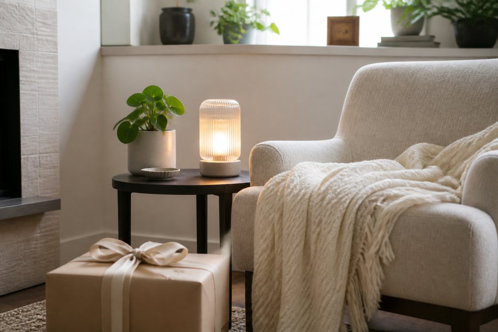 A bright, modern living room corner styled with a gift box wrapped in neutral paper, a small LED lamp glowing on a side table, and a cozy throw blanket draped over an armchair