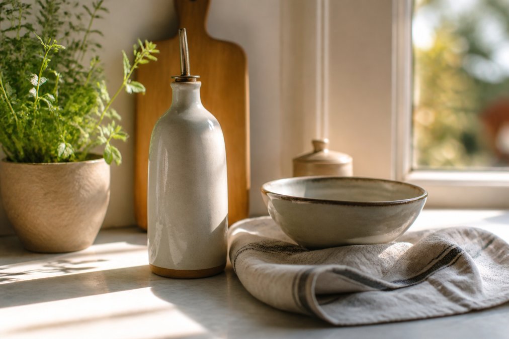 A sunlit kitchen countertop featuring curated goods like a ceramic olive oil dispenser, bowl, and linen towel.