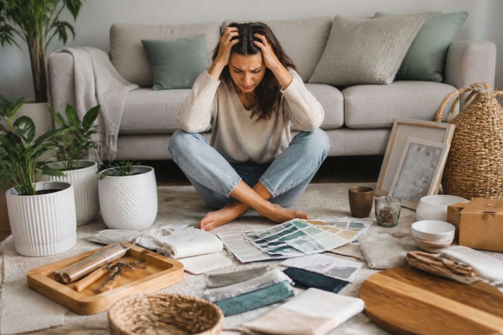 Person sitting on a couch surrounded by scattered home decor items, color swatches, and fabric samples, looking overwhelmed and stressed with hands on head