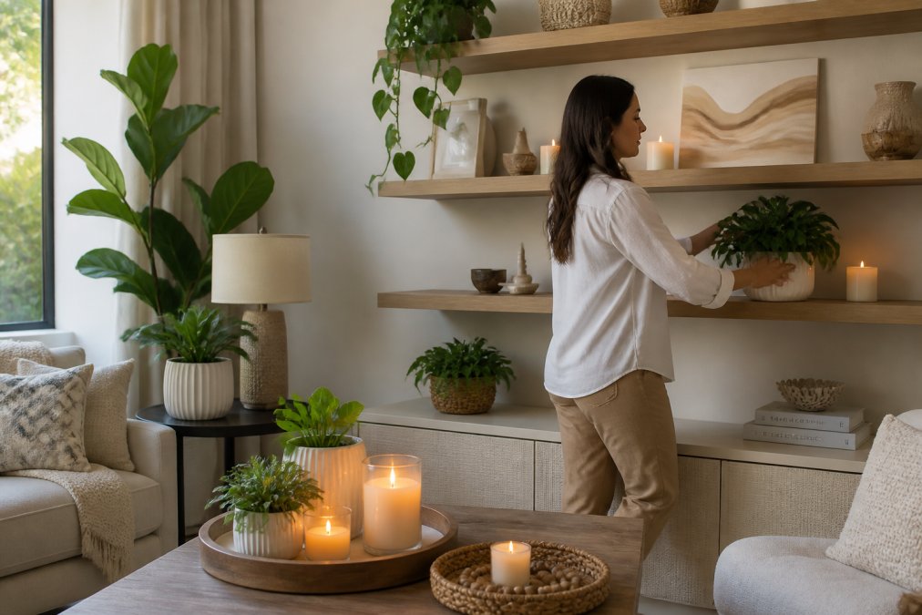 Beautifully styled living room with coordinated furniture, elegant candles, lush green plants in ceramic planters, and thoughtfully arranged decor pieces on floating shelves and side tables, natural window lighting