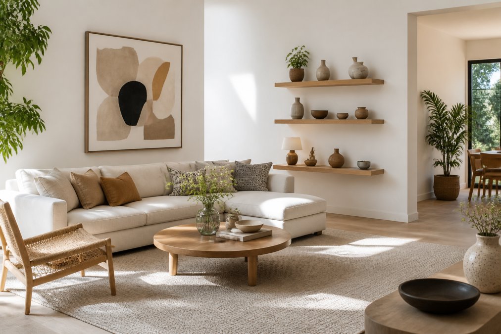 Bright, minimalist living room with carefully arranged modern furniture, neutral-toned throw pillows, abstract artwork on white walls, potted plants, and decorative objects on floating shelves, natural window light streaming across the space