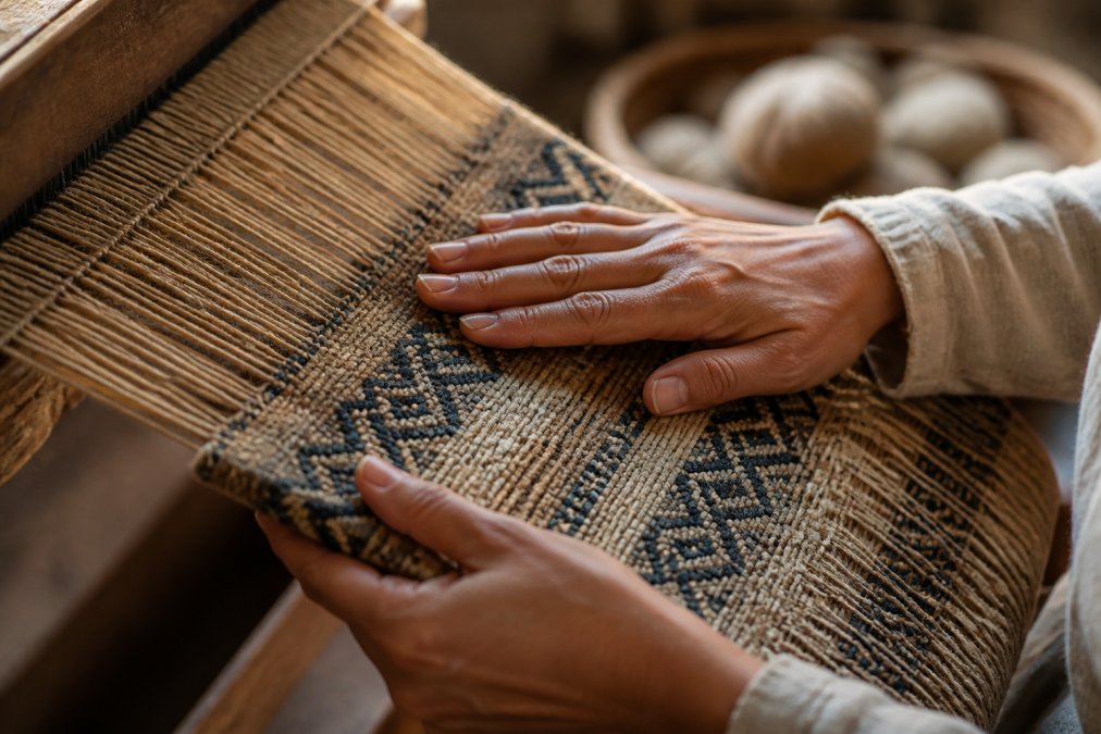 Close-up of hands touching handcrafted textile with visible weaving patterns, artisan's hands working with natural fibers, warm studio lighting highlighting texture and craftsmanship details