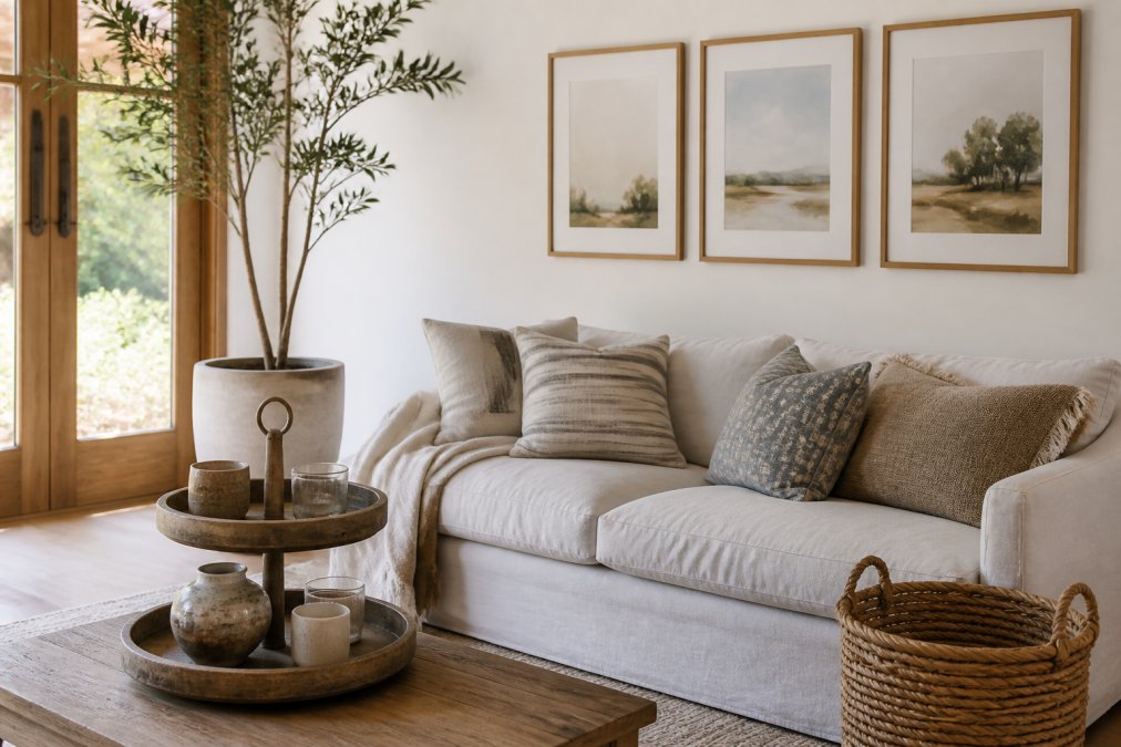 Sunlit living room featuring curated home decor with a gallery wall, rustic wooden tray, and a woven wicker basket.