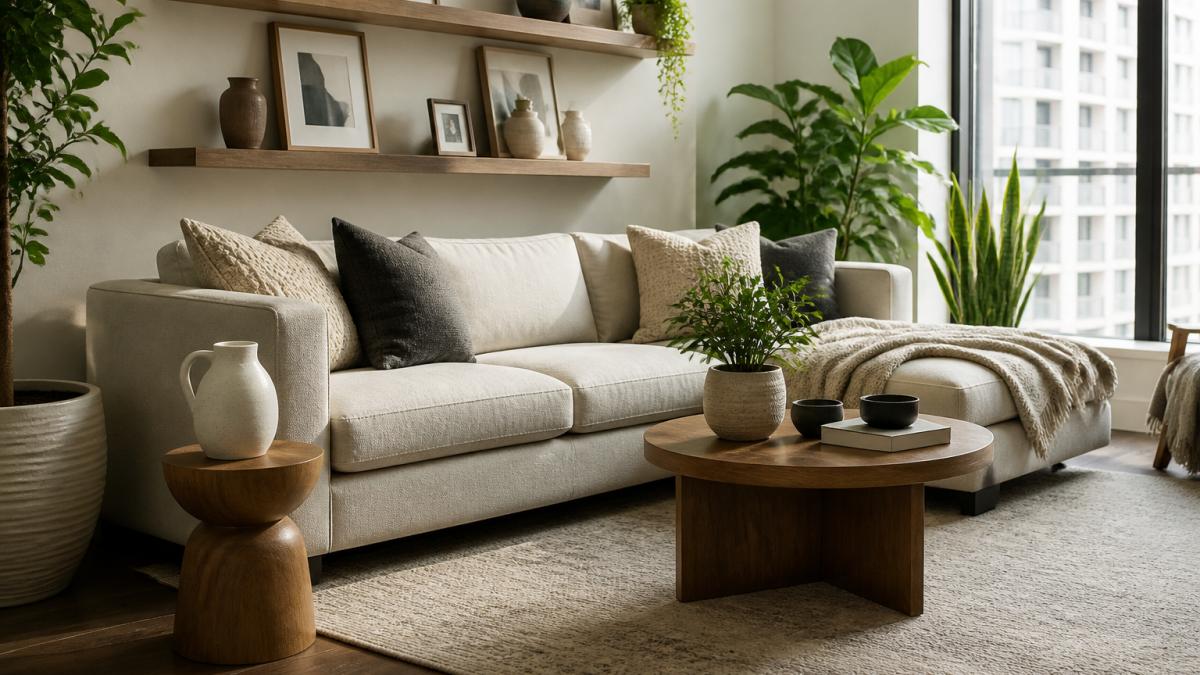 Modern living room with neutral layered textures, wooden tables, and curated decor on floating shelves.