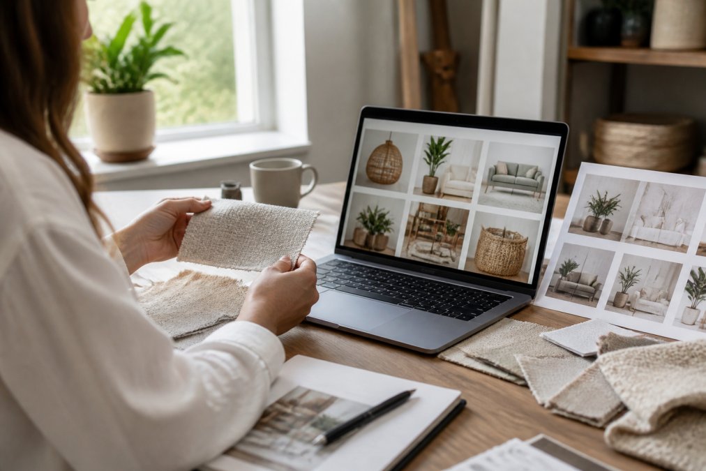 Person's hands holding a fabric swatch next to a laptop screen displaying home decor options, with natural window light illuminating a design reference board