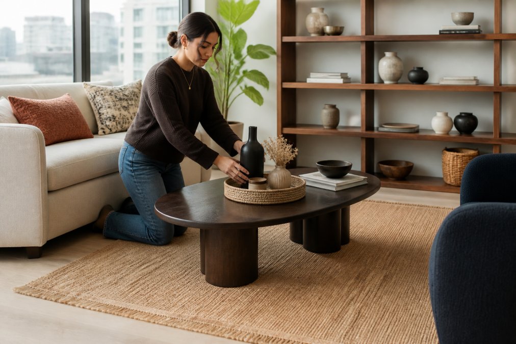 A person arranging home decor pieces on a coffee table and bookshelf, showing layered styling with rugs, vases, and textured accessories in a modern apartment, with natural light streaming through windows