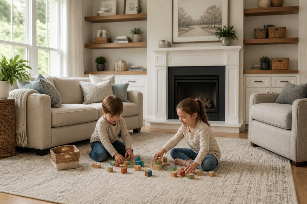A bright, organized family living room with two children playing on a washable area rug, showing durable upholstered furniture in neutral tones, floating shelves with both decorative items and functional storage baskets, and soft natural lighting from large windows