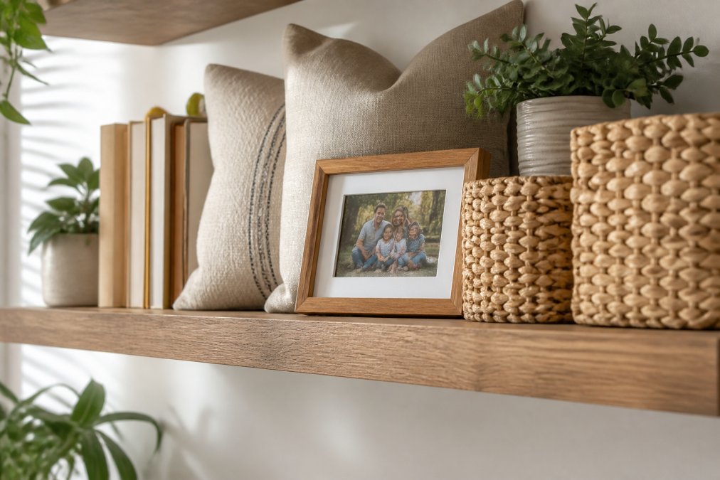 A close-up of a carefully arranged floating shelf displaying a mix of books, neutral-toned decorative pillows, a framed family photo, woven storage baskets, and a small potted plant, showing intentional curation with warm, soft natural lighting