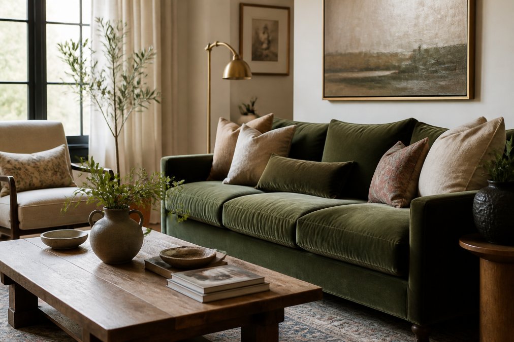 Infographic illustrating the design principles of curated home furniture through a styled sunlit living room.
