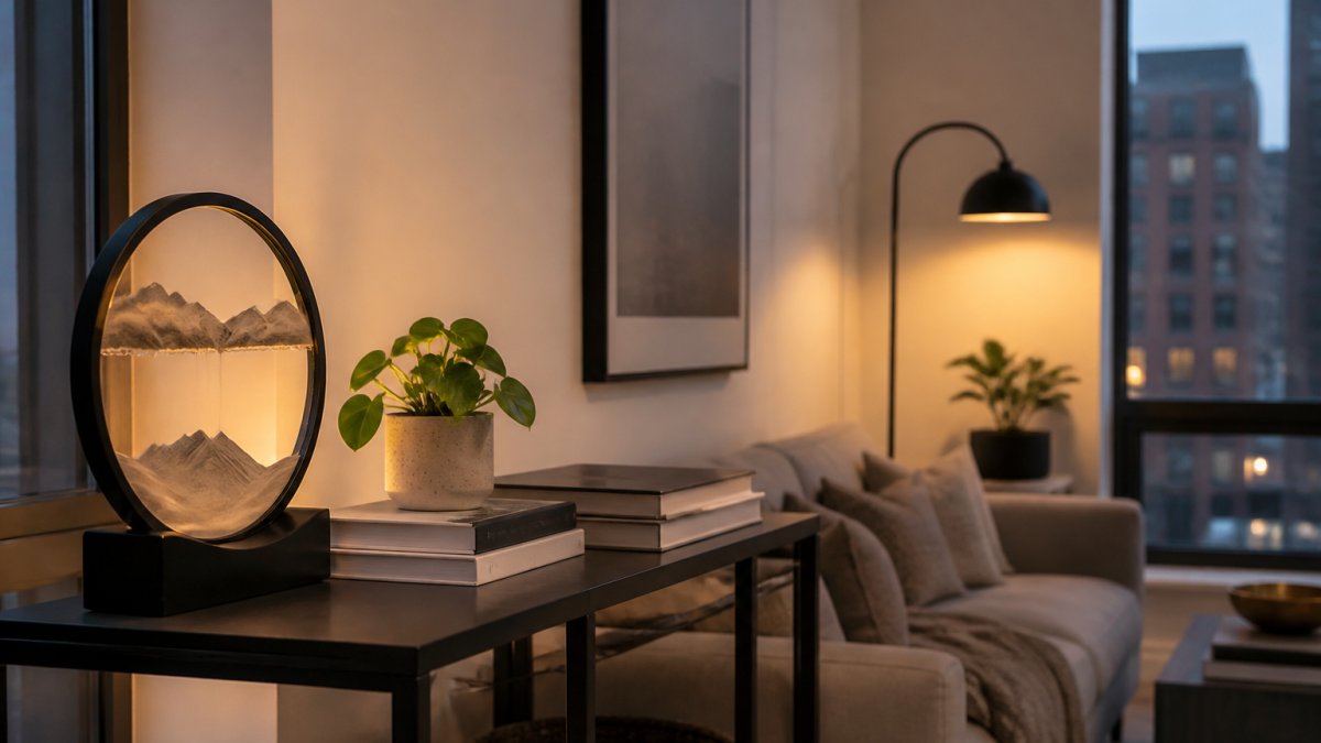 A young professional's apartment living room with a styled console table holding a moving sand art lamp, stacked books, and a small planter, warm evening light from a minimalist floor lamp