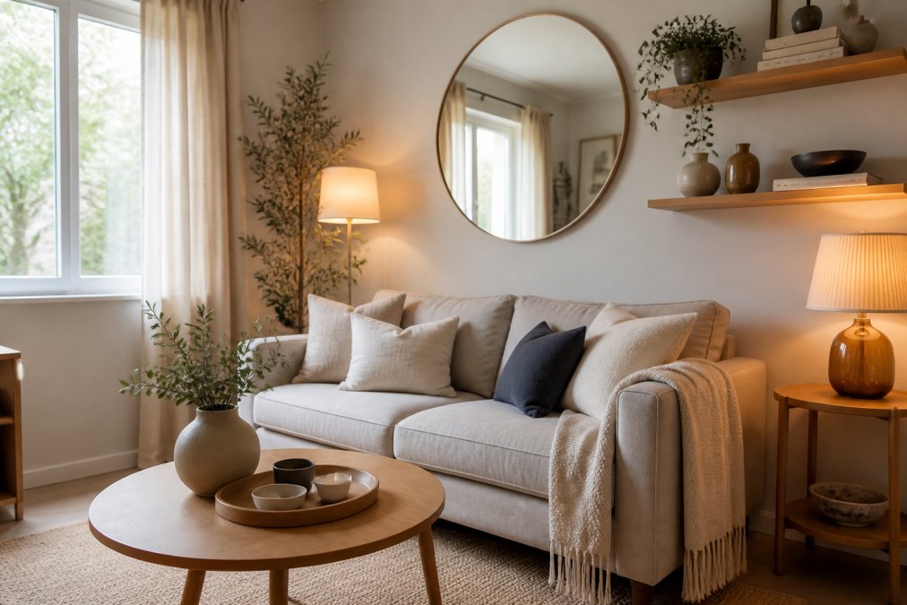 A well-styled small living room with layered textiles including throw pillows and a soft blanket on a compact sofa, strategic warm and cool lighting creating depth, a large mirror reflecting light, and minimal but intentional decor pieces arranged on floating shelves