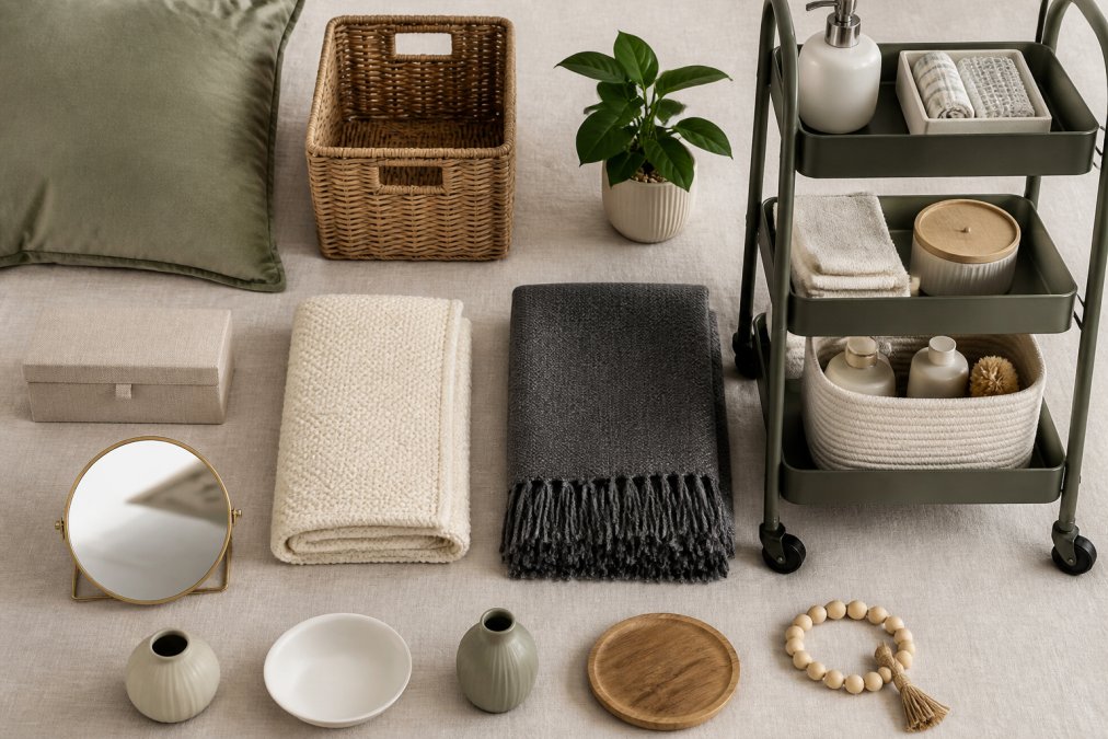 Overhead flat-lay arrangement of curated home goods displayed on a neutral linen surface including a folded throw pillow in sage green, a woven storage basket, a small decorative mirror, a rolling cart with organized items, throw blankets in cream and charcoal, and small accent pieces arranged with intentional spacing
