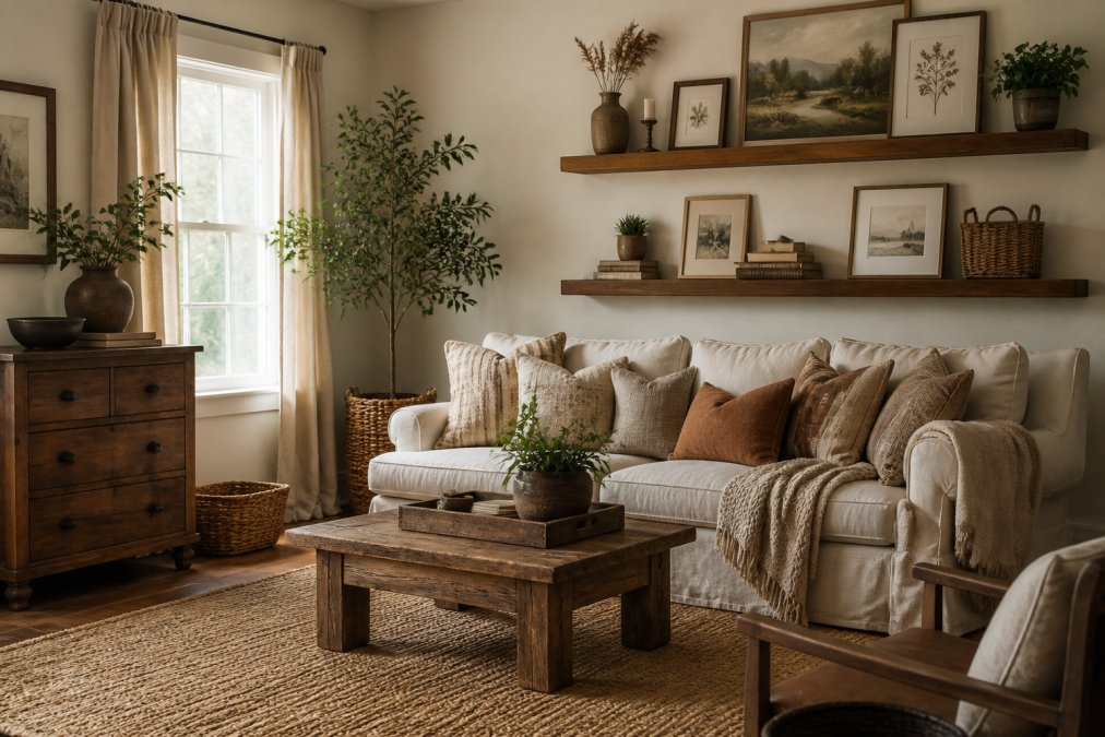 Styled farmhouse living room featuring vintage-inspired wooden furniture, warm earth-tone textiles draped over a sofa, meaningful wall art arranged on floating shelves, and decorative accents creating a cozy, lived-in atmosphere with natural window lighting