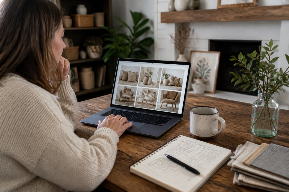Person sitting at home office desk with laptop, reviewing home decor product listings with a handwritten notebook of design ideas and a warm beverage nearby, representing thoughtful online shopping decisions