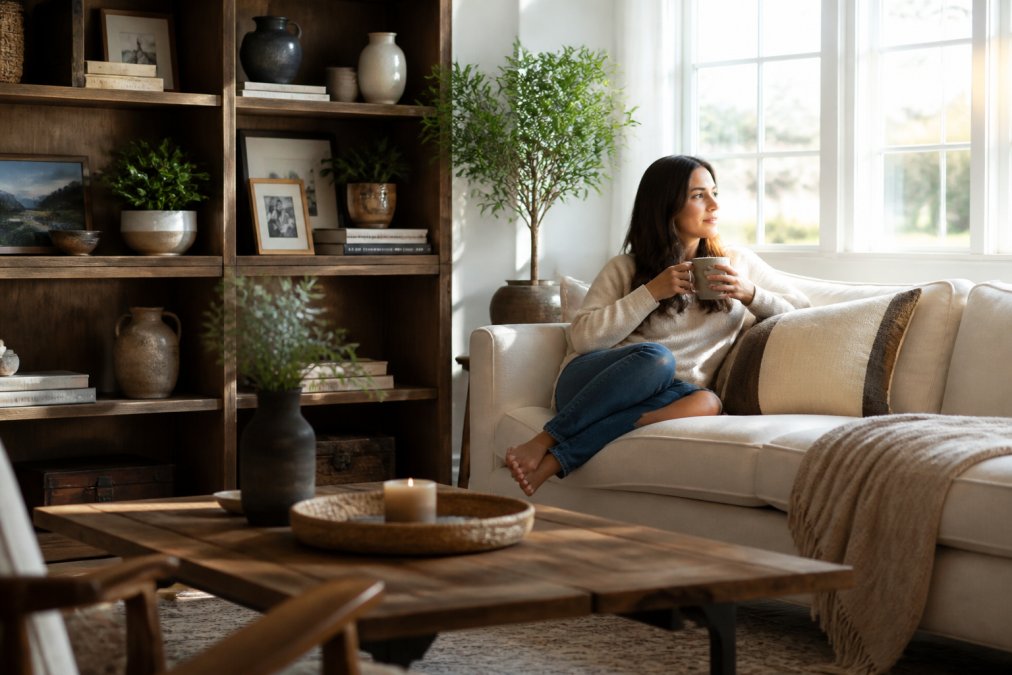 A serene living room with warm natural light filtering through large windows, featuring a thoughtfully arranged bookshelf with meaningful objects and framed photos, a person sitting peacefully on a minimalist sofa with soft textures, plants on side tables, and carefully chosen decor that reflects personal history