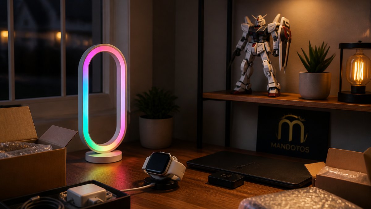 A tidy home office desk at dusk with a glowing 3D LED RGB gamer light, a poseable robot model on a shelf, and a smart watch charging nearby, shot from a slight angle with warm ambient light