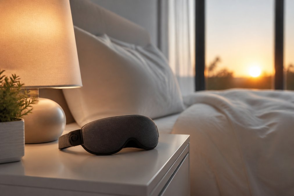 Serene bedroom at dawn with Bluetooth sleep mask resting on a nightstand next to a soft-glow lamp, suggesting peaceful morning wakefulness