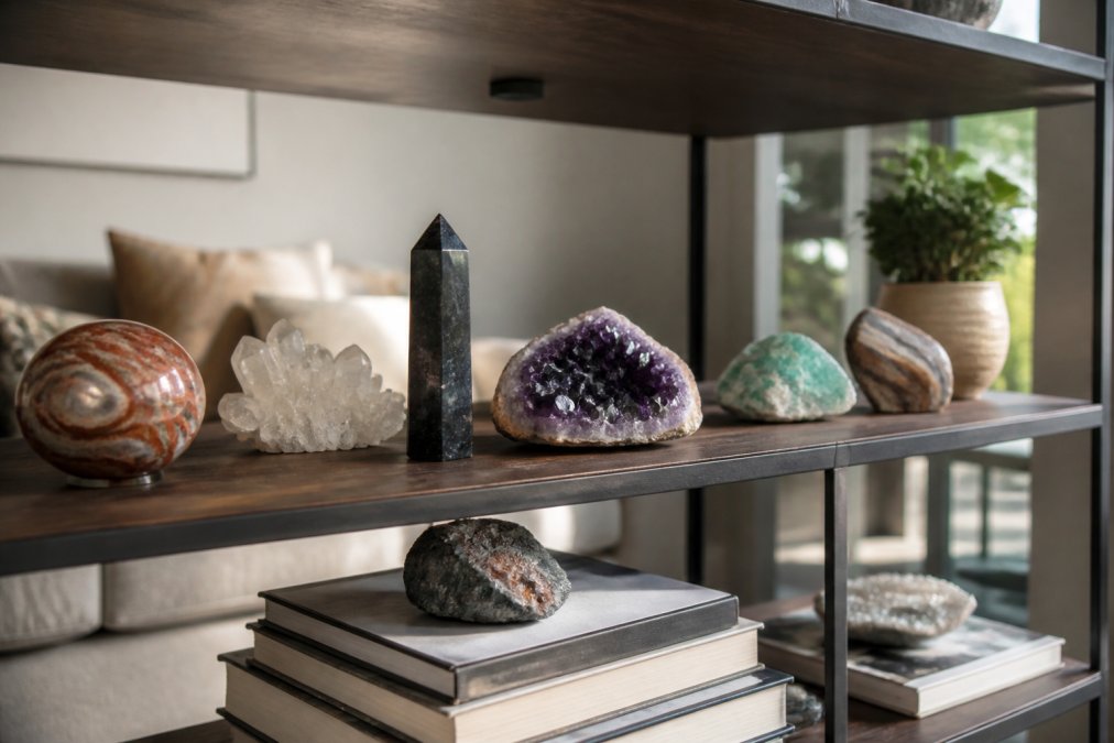 A well-lit display shelf in a modern living room featuring a collection of various polished mineral specimens, including a jasper sphere and a quartz cluster, styled with books and a small plant