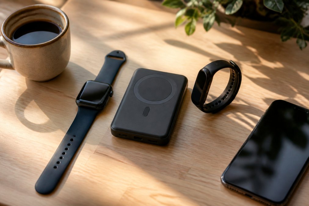 Smartwatch, power bank, and wellness tracker on a desk, items from curated online shops beside coffee.