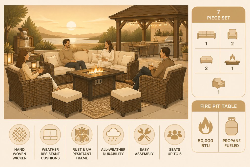 An elegant outdoor patio with high-end wicker furniture, beige cushions, and a propane fire pit table during golden hour, with people relaxing and conversing in comfortable seating