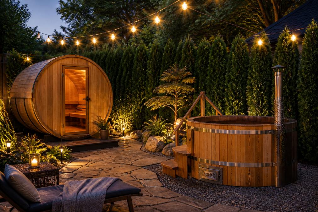 A serene backyard scene at dusk featuring a wooden barrel sauna and wooden hot tub surrounded by natural landscaping, ambient string lighting overhead, and privacy screening vegetation