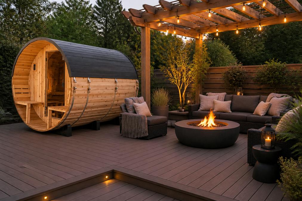 Elegant backyard with wooden sauna structure, fire pit surrounded by lounge seating, and pergola overhead, warm evening lighting casting long shadows across composite decking