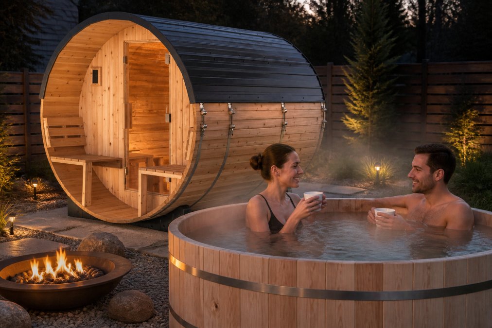 Couple relaxing in outdoor wooden hot tub surrounded by natural landscaping, steam rising, soft ambient lighting from nearby fire pit, showing integrated wellness retreat design