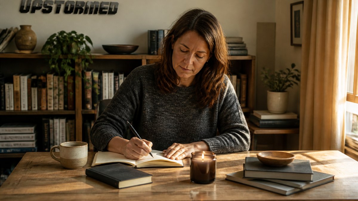 A woman in her 40s sitting at a wooden desk with a journal, a book, and a lit candle, writing in a cozy home office with warm afternoon lighting