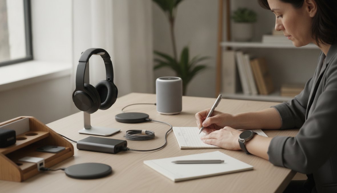 Busy professional at modern desk surrounded by curated tech gadgets including wireless headphones, power bank, smartwatch, and desk accessories in natural lighting