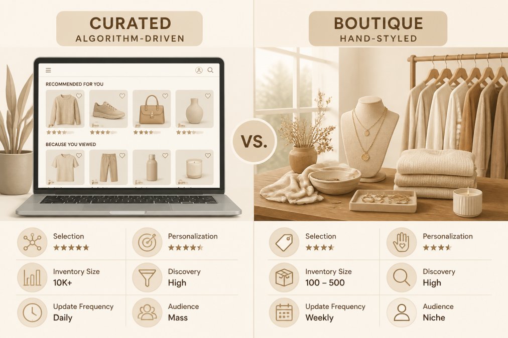 Side-by-side comparison scene: a neatly organized, algorithm-driven online storefront on a laptop screen next to a warm, hand-styled boutique display with clothing and jewelry on a wooden table, soft natural window lighting